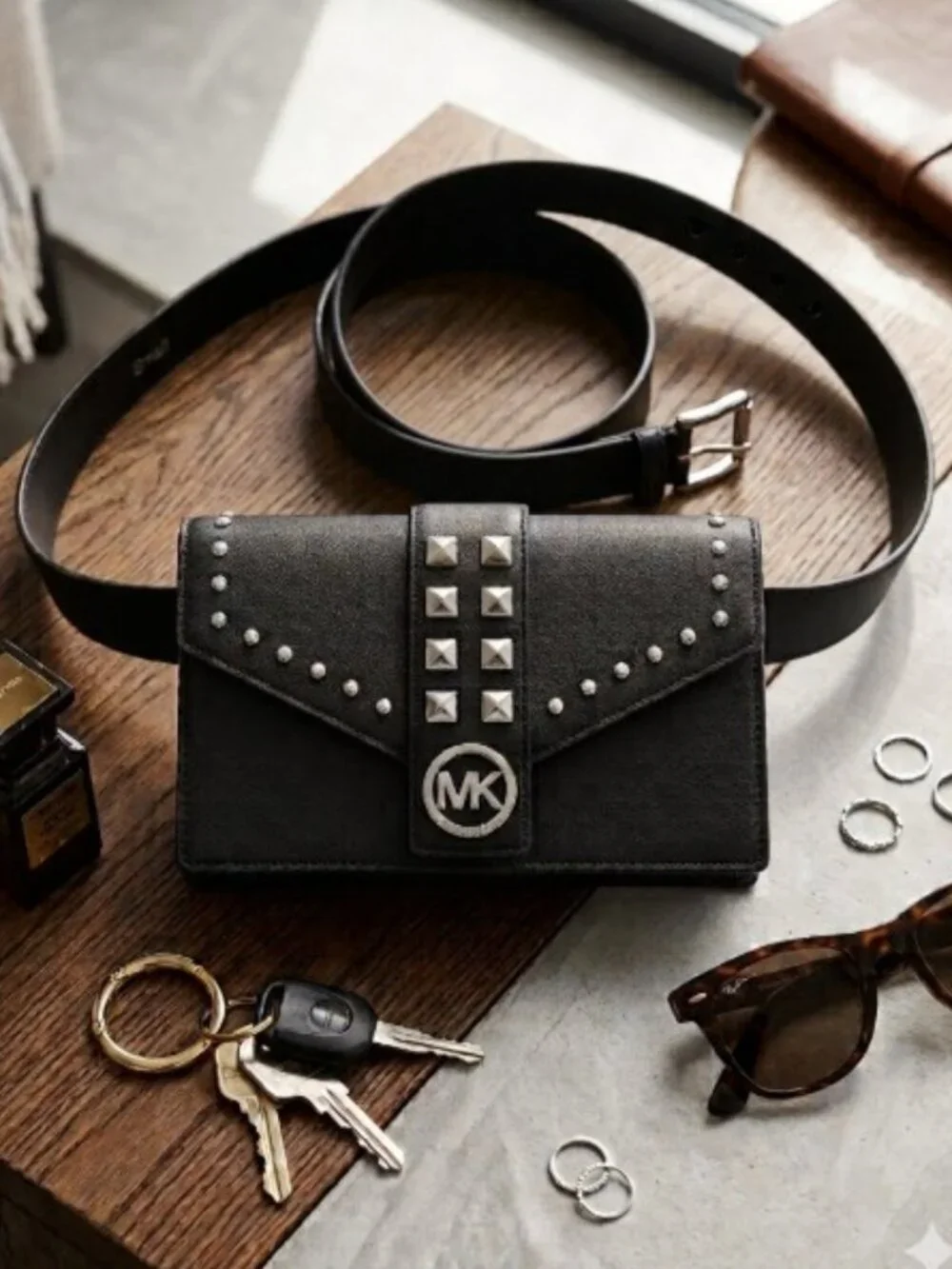 Michael Kors Black Leather Studded Belt Bag Fanny Pack Silver Hardware S/M Edgy